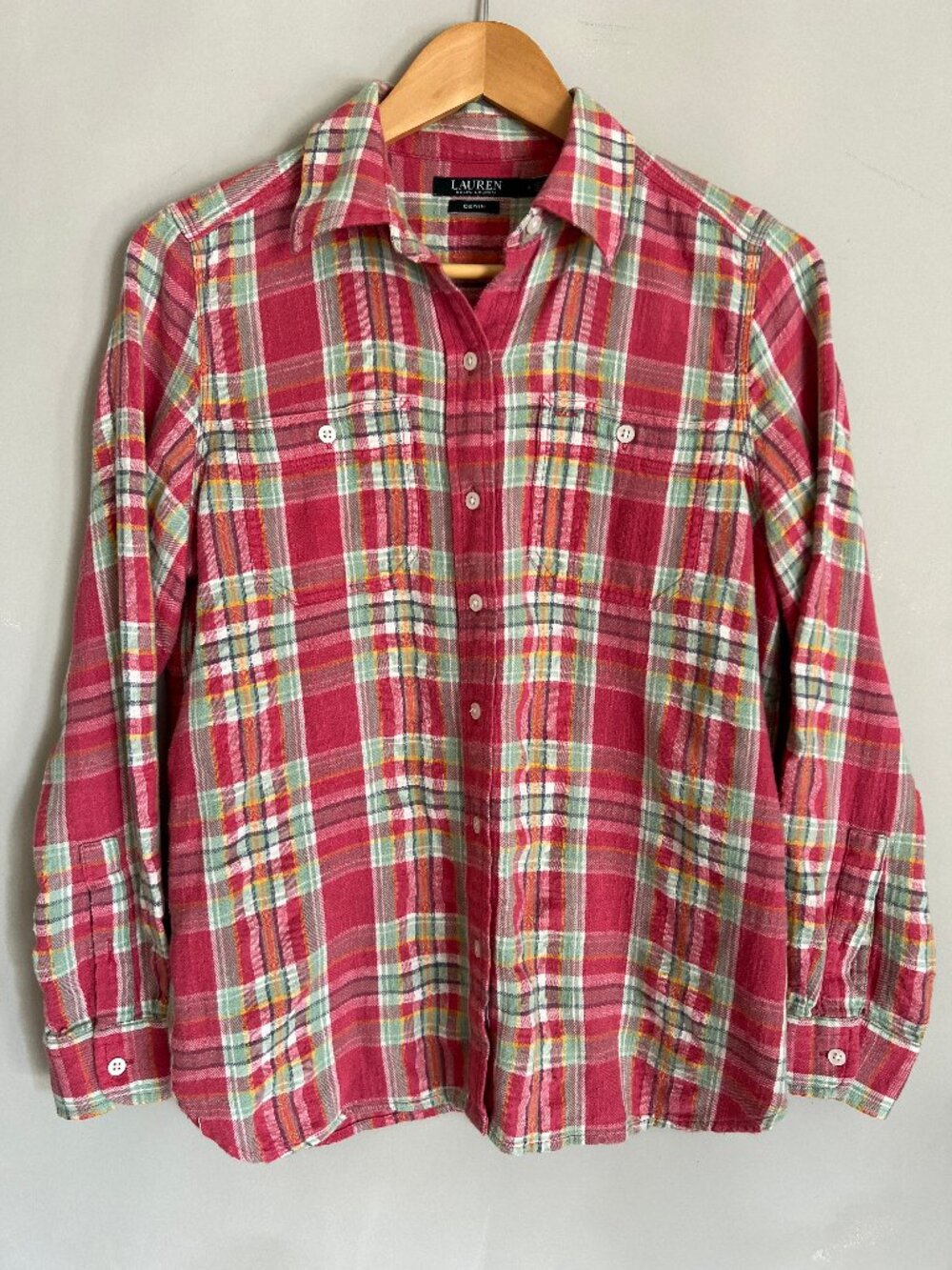 Ralph Lauren Denim Medium Classic Button Down Textured Fall Colorful Plaid Top